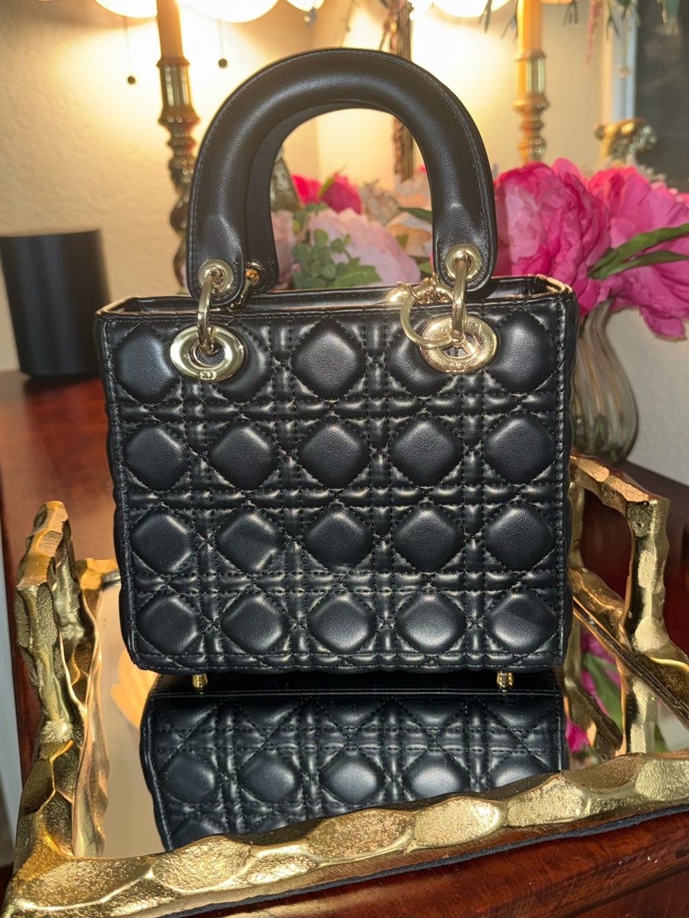 Structured Quilted Mini Top-Handle Bag in Black with Gold Hardware
